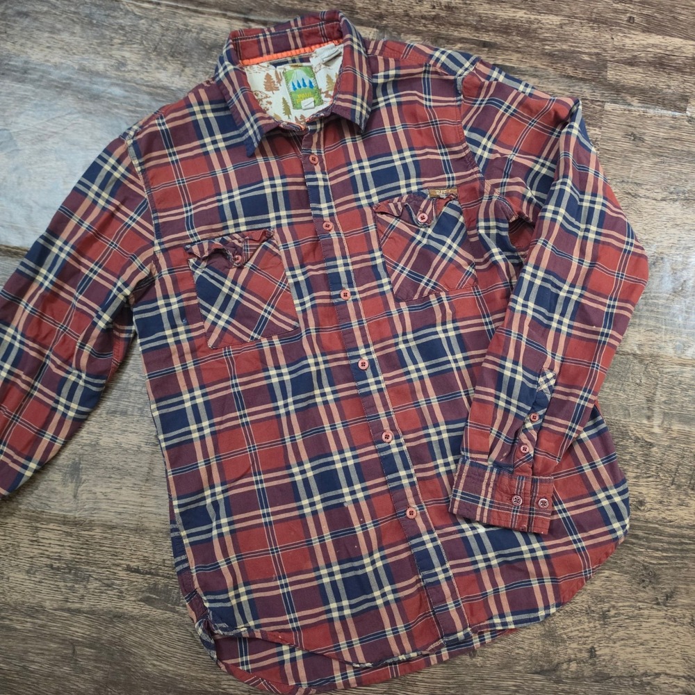 PAUL FRANK Plaid Button Down Shirt Mens Medium Red Navy Blue Flannel Long Sleeve
